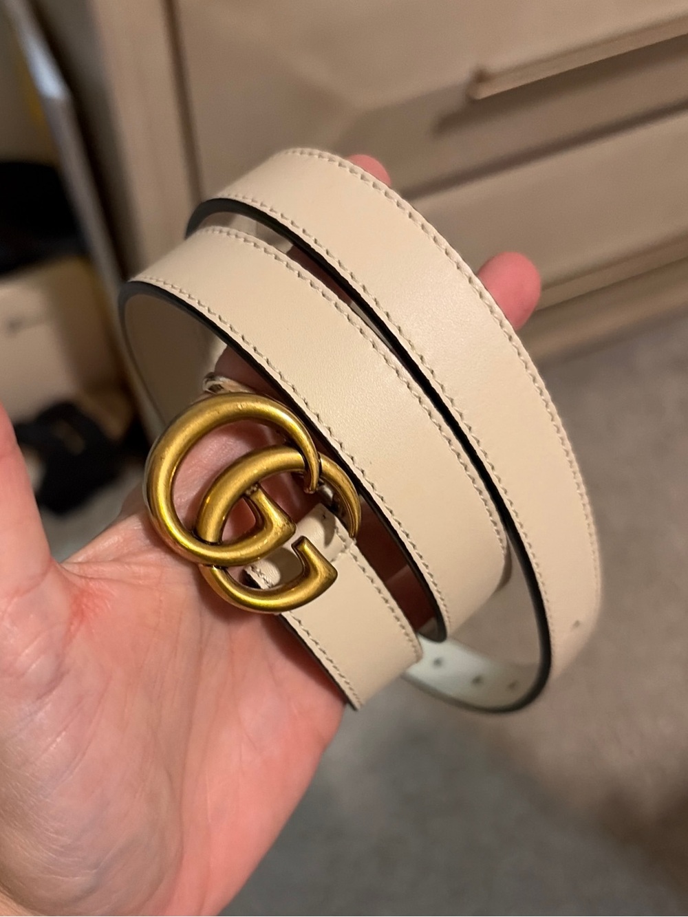 GG Cream Leather Double-Wrap Belt with Gold Buckle